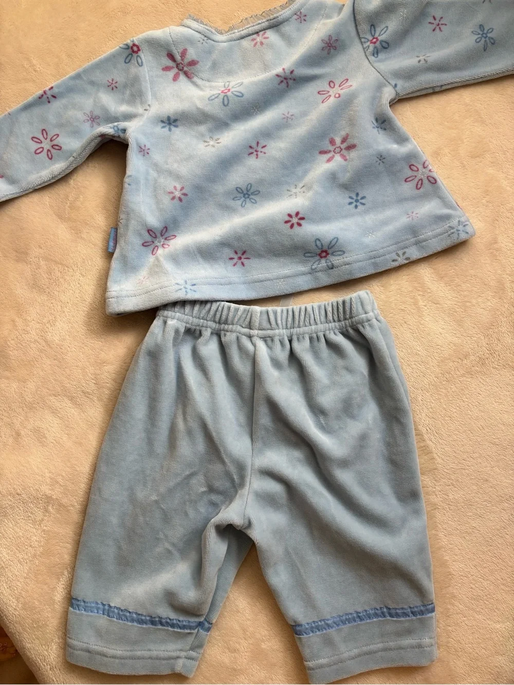 Vintage Carter’s Baby Girl Velour Flower Outfit Set Light Blue 3-6 Months